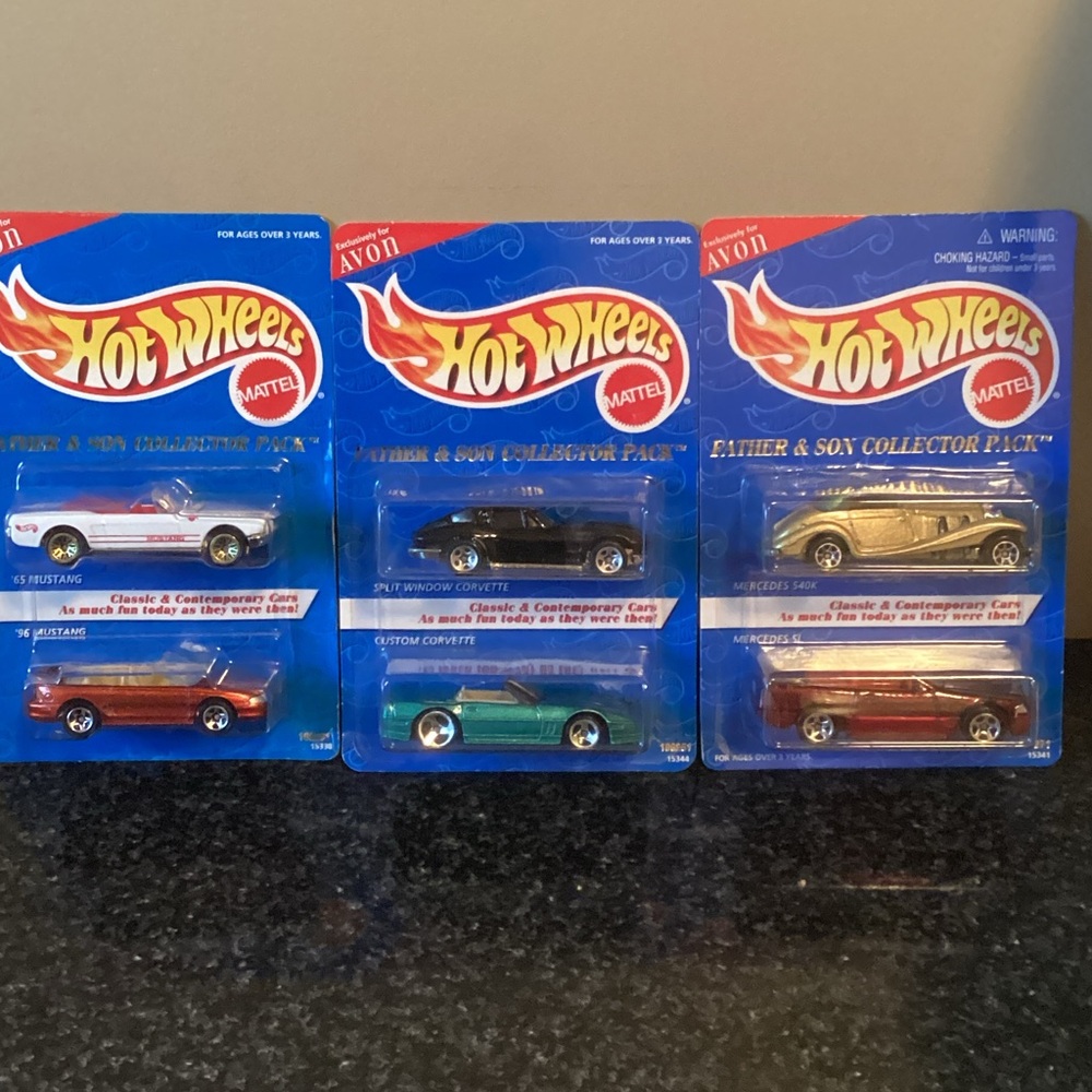 1995 Avon Father & Son Hot Wheels - Mustang, Corvette, Mercedes Set of 3 Packs